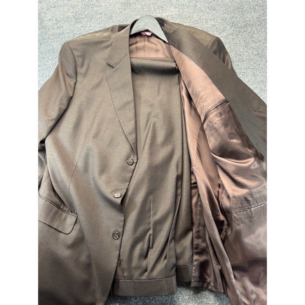 Custom Tailored Mens Suit 48L 40x32 Brown Wool 3 Button Pleated Cuffed Big Tall